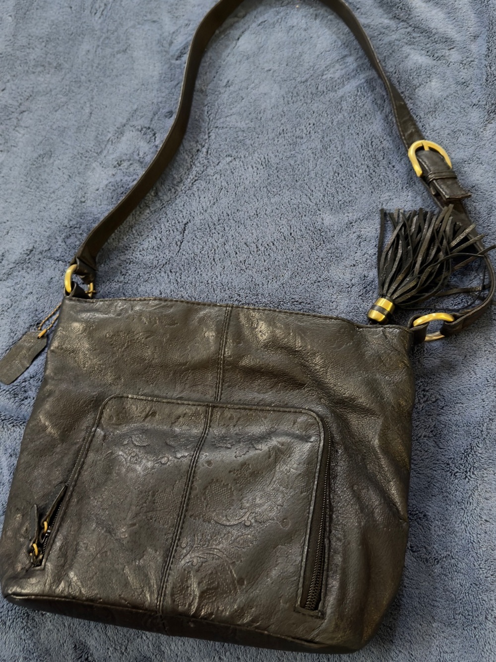 Cabin Creek Black Leather Shoulder Bag with Tassel